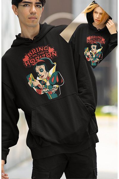 Fuddy Moda Hanorac cu glugă supradimensionat unisex cu imprimeu Bring Me The Horizon