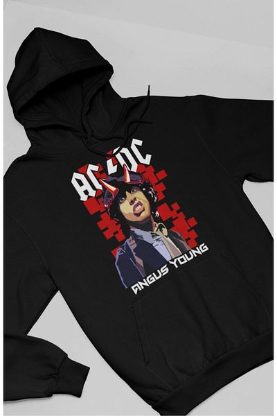 Fuddy Moda Unisex AC-DC Angus Young γραπτό φούτερ με κουκούλα, υπερμεγέθη φούτερ με στάμπα ροκ μπάντας