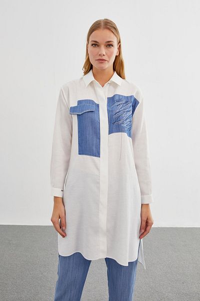 Zühre Long Ecru Tunic with Accessory Detail T-1371