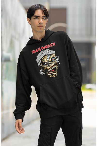 Fuddy Moda Unisex Skull Iron Maiden Printed Hooded Sweatshirt, Oversize Rock Metal Music Printed Hoodie