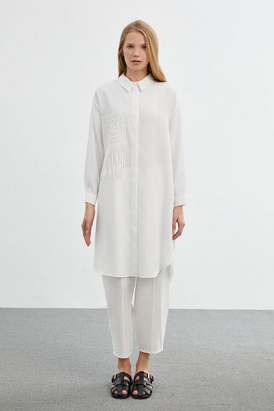 Zühre Shirt Collar Long Ecru Tunic T-1422