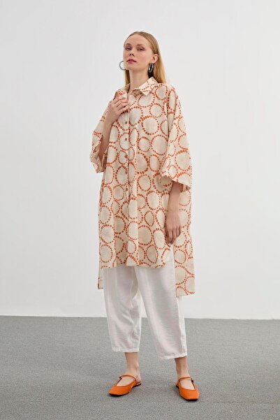 Zühre Long Patterned Orange Tunic - Casual T-1464