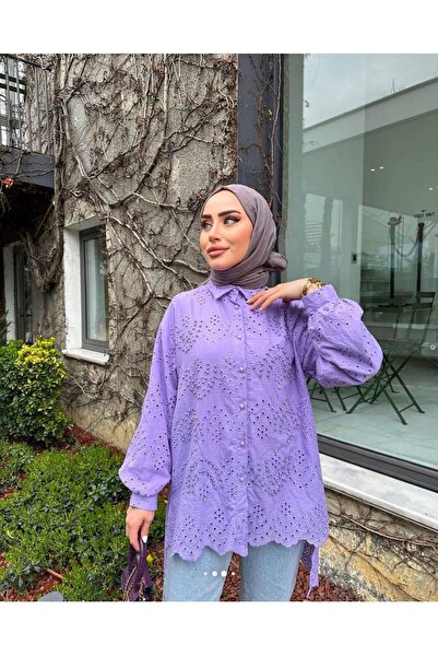 Marlinda Pearl Detailed Embroidered Fabric Lined Muslim Scallop Shirt