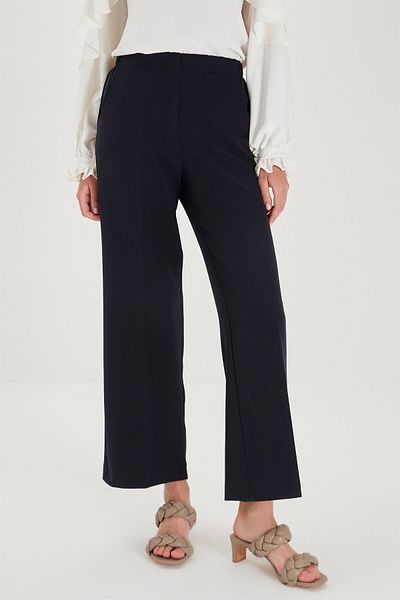 Zühre Ύφασμα παντελόνι με φαρδύ πόδι Navy Blue - Ελαστική μέση P-0102