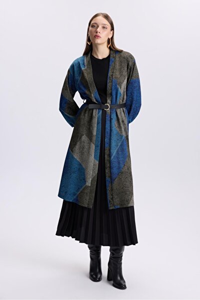 Zühre Patterned Belt Detailed Blue Cardigan Hr-0007 Pear