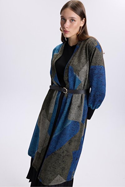 Zühre Patterned Belt Detailed Blue Cardigan Hr-0007 Pear