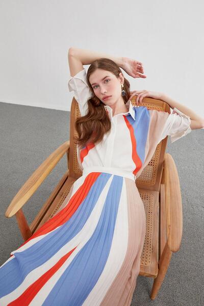 Zühre Pleated Color Blocked Orange Skirt ETK-0145