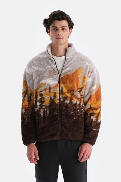 Dagi Dunkelbraunes Herren-Fleece-Sweatshirt mit Landschaftsmountain-Print