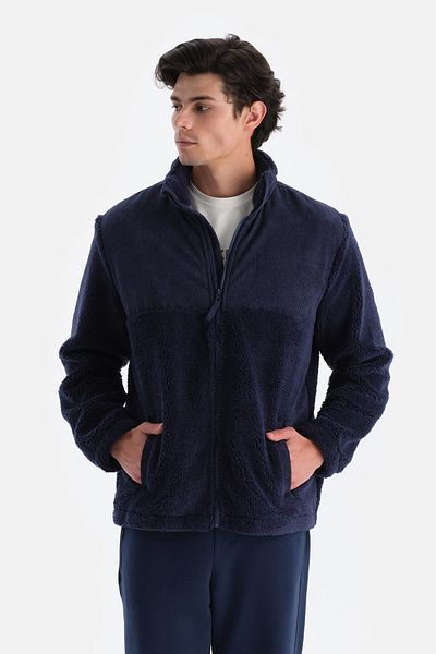 Dagi Marineblaues Herren-Fleece-Sweatshirt mit Reißverschluss vorne und Samt-Detail