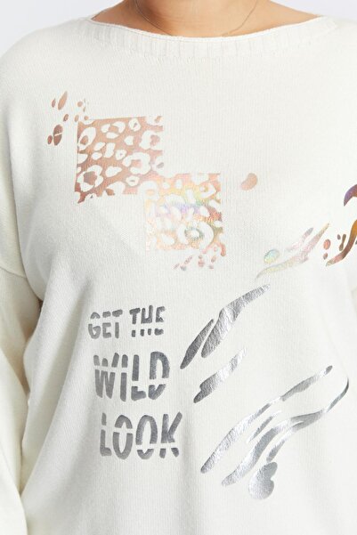RMG Plus Size Boat Neck Leopard Pattern Printed Knitwear Ecru