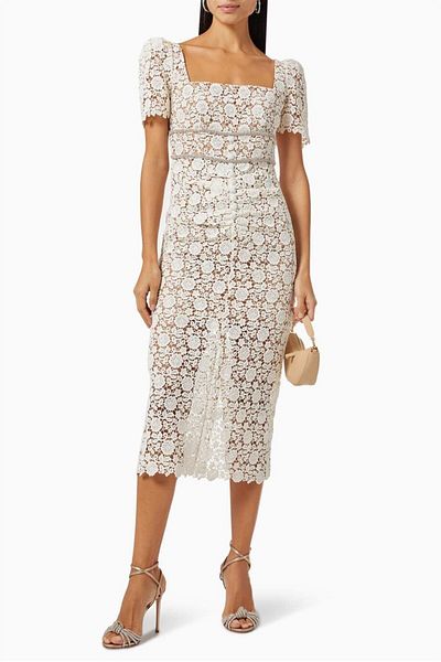 nish for you White Lace Midi Designer Dress