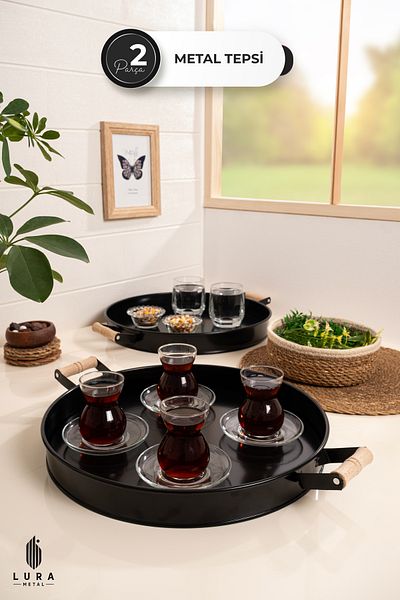 Skygo Set of 2 Black Wooden Handles Metal Tea and Coffee Presentation Tray - 37 cm