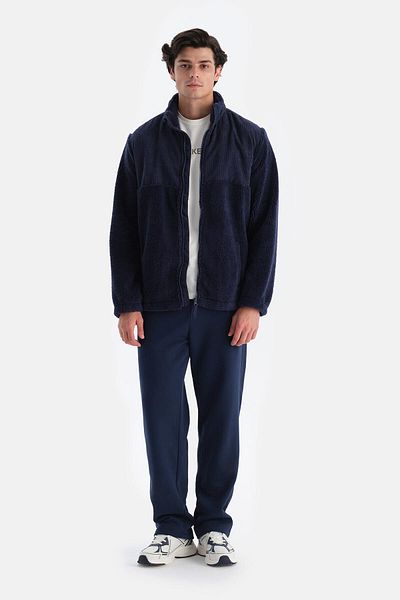 Dagi Marineblaues Herren-Fleece-Sweatshirt mit Reißverschluss vorne und Samt-Detail