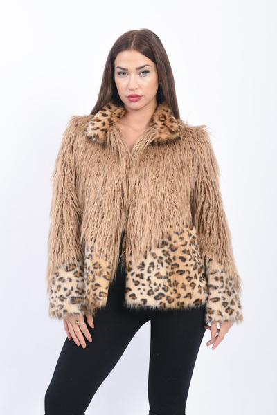 FUREVER FASHION HAKİM YAKA TİBET LEOPAR PATCHWORK SUNİ KÜRK KADIN KABAN