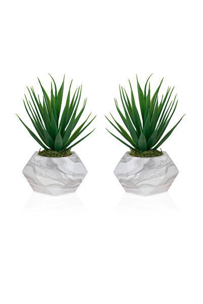 Çiçekmisin 2 Adet Mermer Görünümlü Saksıda Yeşil Yapay Kaktüs Aloevera