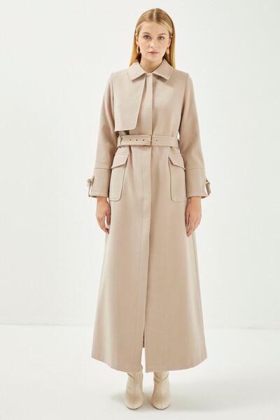 Zühre معطف علوي بياقة قميص وحزام ومخبأ للأحجار 13359