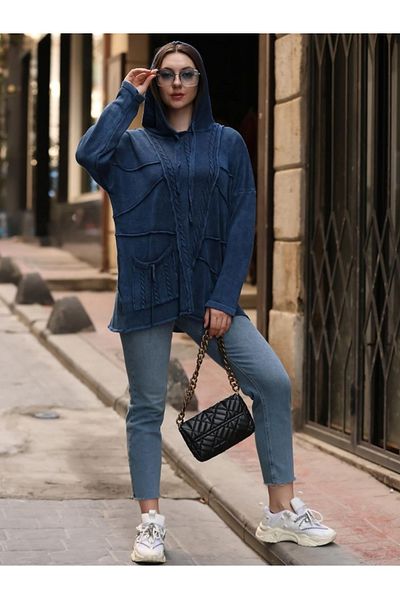 Sosyete Kaplumbağa 100% Cotton Authentic Knitwear - Oversize Loose Blouse Tunic with Hood, Print and Pocket