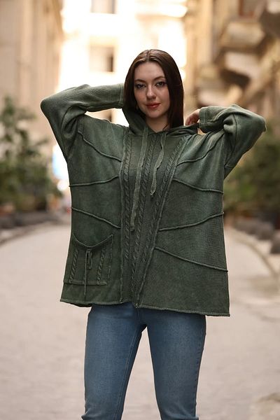 Sosyete Kaplumbağa 100% Cotton Authentic Knitwear - Oversize Loose Blouse Tunic with Hood, Print and Pocket