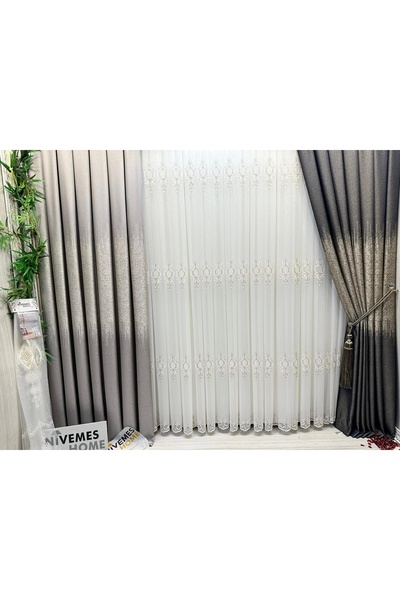 NİVEMESHOME Nivemeshome Lantana Gold Detailed 1/3 Frequent Pleated Tulle Curtain Apm