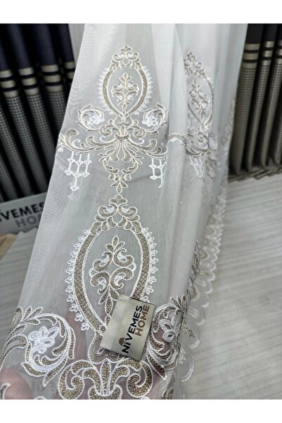 NİVEMESHOME Nivemeshome Hüzzam Gold Detailed 1/3 Thin Pleated Tulle Curtain Apm