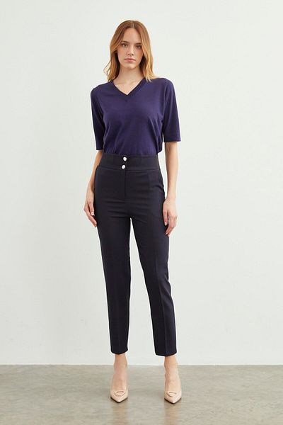 Zühre Navy Blue High Waist Fabric Trousers - P-0197