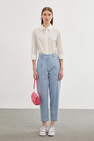 Zühre Pantaloni Palazzo din denim albastru gheață - P-0180