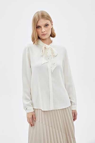 Zühre Bow Collar Long Sleeve Ecru Shirt G-0088