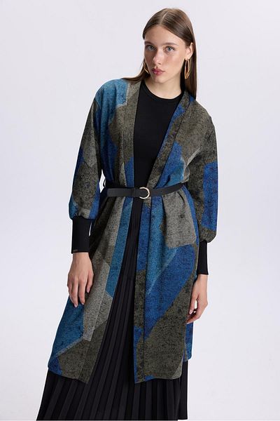 Zühre Cardigan albastru peră - cu model și detaliu curea, Hr-0007