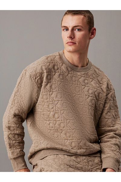 Calvin Klein Men's Printed Quilted Cotton Crew Neck Long Sleeve Brown Sports Tracksuit Set 000Nm271