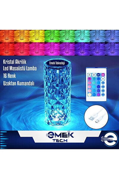 PİNK İTHALAT Kristal Akrilik Led Masa Üstü Lamba 16 Renk Uzaktan Kumandalı Do...