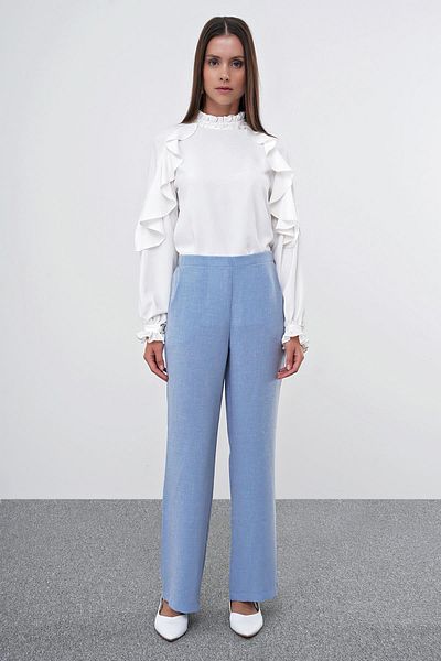 Zühre Leona - Pantaloni din țesătură albastră, picior lat și talie cauciucată P-0102