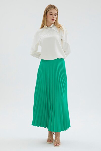 Zühre Pleated Green Long Skirt ETK-0135