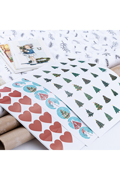 Bimotif Σετ 30 τεμαχίων Πρωτοχρονιάτικο Στολίδι και Δώρο - Καρτ ποστάλ, Χαρτί πακέτου, Αυτοκόλλητα και Βαμβακερές κορδέλες