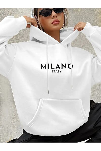 Wolln Milano Italy Lettering Hooded Sweatshirt, Women's Fashion Lace-Up Pullover, Cotton, Young