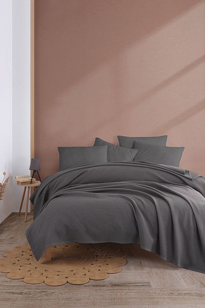 Eponj Home Anthracite Colored Ecocel Pique Blanket - Battal Megaking 260x230cm Karde