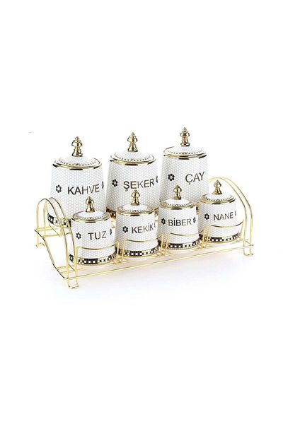 Altabi Honeycomb Patterned Porcelain Spice Set - with Metal Stand