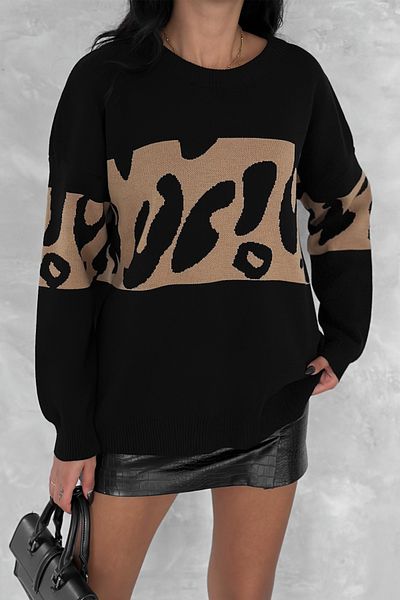 FEMELLE Pulover de damă, negru, mărime standard, cu model leopard, tricotaj supradimensionat