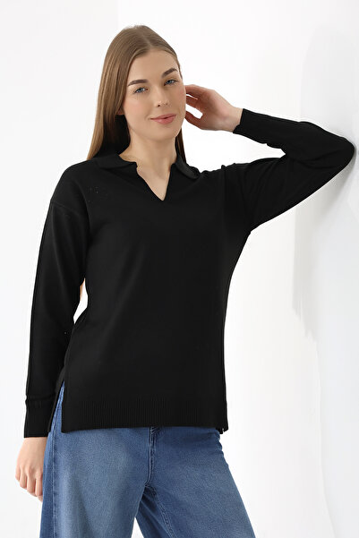 Devinka Γυναικεία μπλούζα με μακρυμάνικο πόλο εποχιακή πλεκτή μπλούζα μαύρη