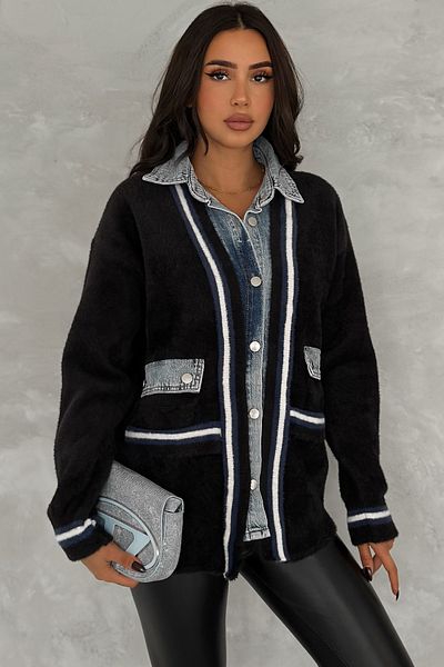 FEMELLE Cardigan premium oversize pentru femei, negru, mărime standard, cu buzunar cu nasturi și detaliu din denim