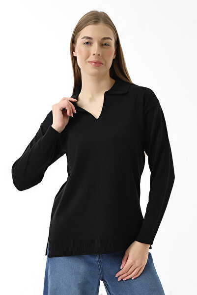 Devinka Γυναικεία μπλούζα με μακρυμάνικο πόλο εποχιακή πλεκτή μπλούζα μαύρη