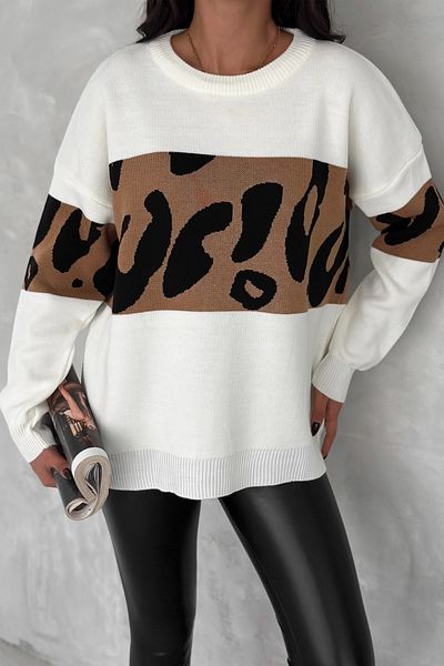 FEMELLE Pulover de damă, alb, mărime standard, cu model leopard, tricotaj supradimensionat