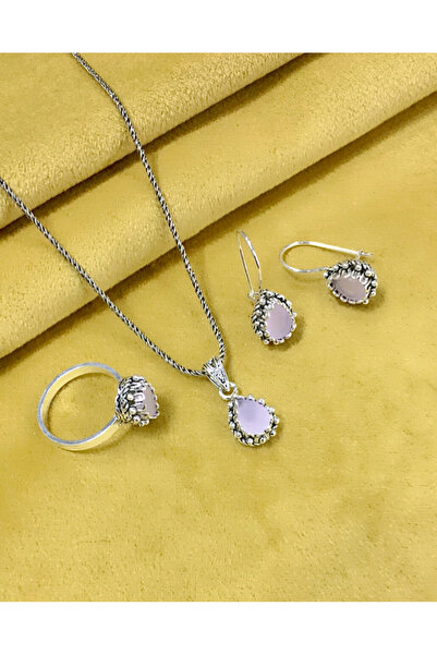 MİR GÜMÜŞ 925 ayar gümüş pembe kuvars taşlı telkari Set
