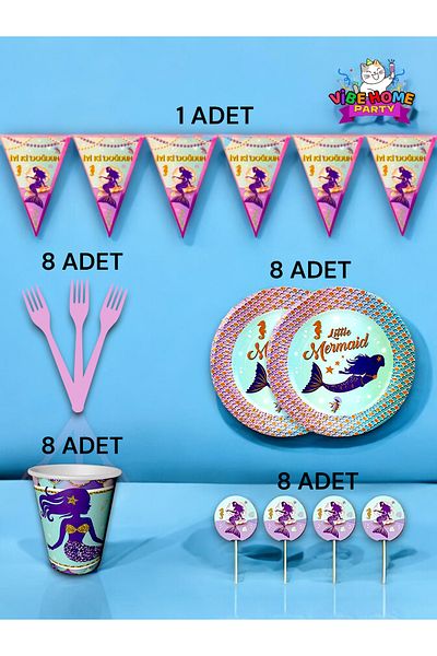 VibeHome Mermaid Themed Eco Set for 8 - Birthday Party and Fun Events