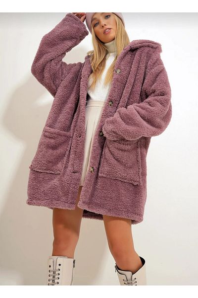 Vuslat Jachetă de pluș cu guler supradimensionat Dusty Rose de 240 de grame, fără căptușeală, pe interior și pe exterior