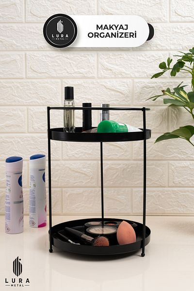 Skygo Organizator de machiaj din metal negru cu 2 niveluri - Organizator de machiaj 22x30 cm