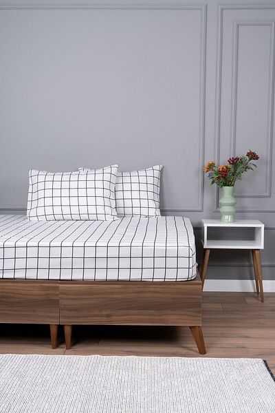 ALTINPAMUK 2 Pillowcases - Double White Sheet Gift, 160X200 Checkered Elastic