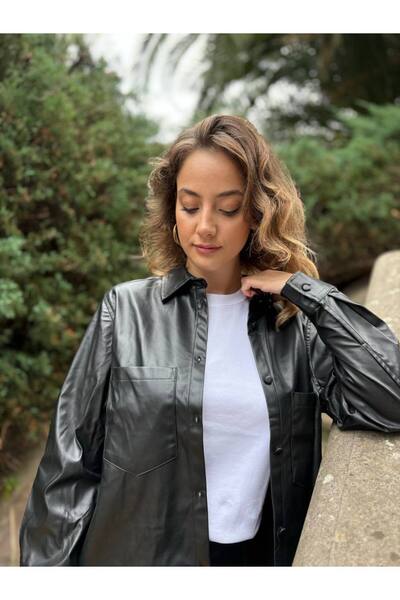 BERİLLE Siyah Kadın Deri Gömlek