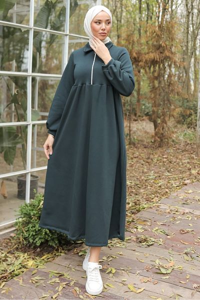 Bestenur Rochie Dicle cu fermoar pe jumătate 696 - Verde petrol