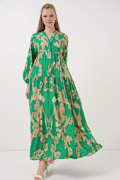 Bigdart 2423 Modell Authentisches gemustertes smaragdgrünes Kleid