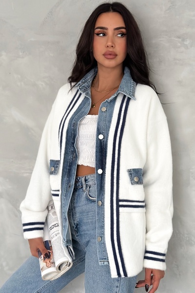 FEMELLE Women's White Standard Size Oversize Premium Cardigan with Button Pocket and Denim Detail